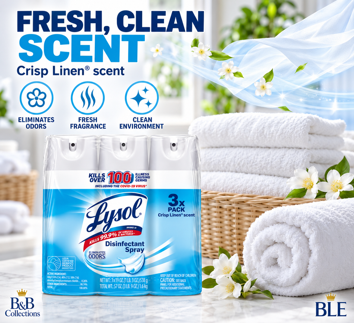 Lysol Disinfectant Spray, Crisp Linen Scent, 19 oz Cans, Kills 99.9% of Viruses & Bacteria, Odor Eliminator, Multi-Surface Disinfecting Spray, 3 Pack
