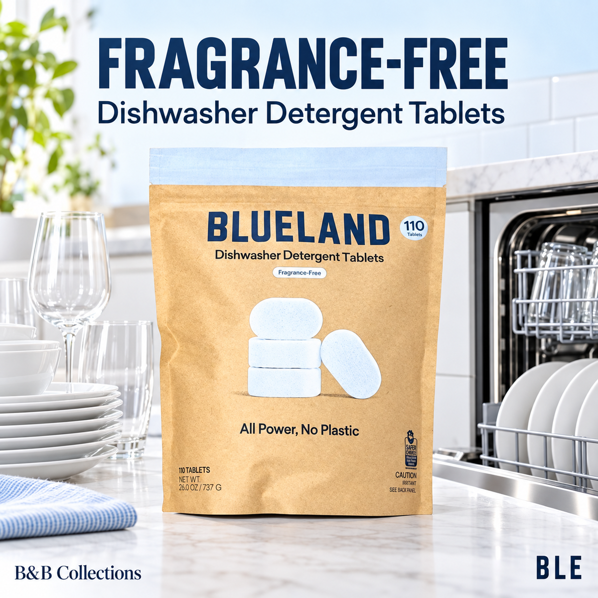 Blueland Dishwasher Detergent Tablets, Fragrance-Free, Plastic-Free, 110 Count, 26 oz