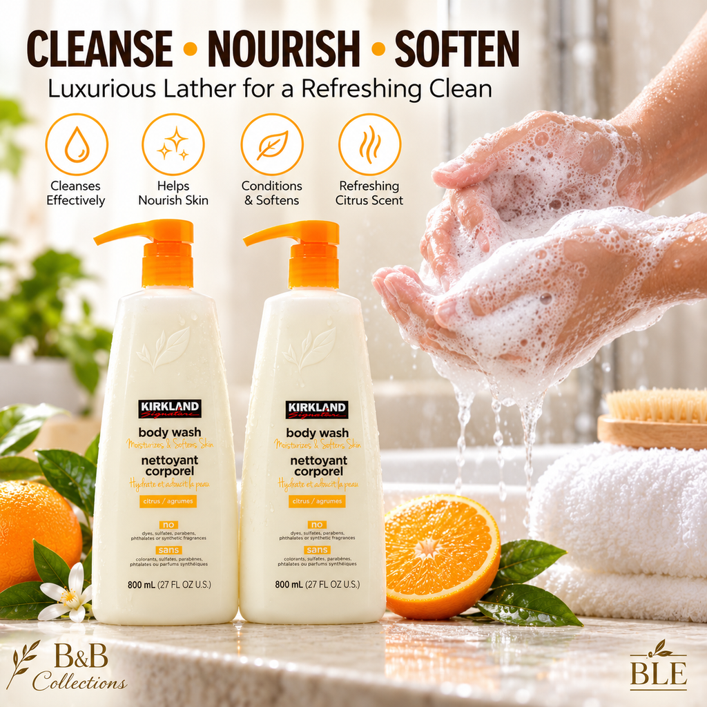 Kirkland Signature Citrus Body Wash, 2-Pack, 27 fl oz Each (54 fl oz Total) – Moisturizes & Softens Skin, Vegan Formula with Plant Extracts, Refreshing Citrus Scent, Pump Bottles