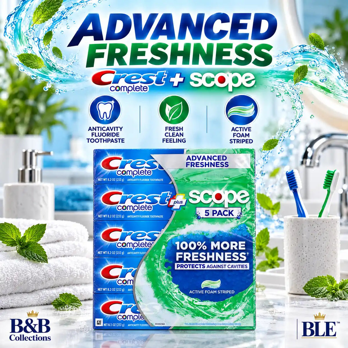 Crest Complete Plus Scope Advanced Freshness Anticavity Fluoride Toothpaste, Active Foam Striped, 8.2 oz Each, 5 Pack, 41 oz Total