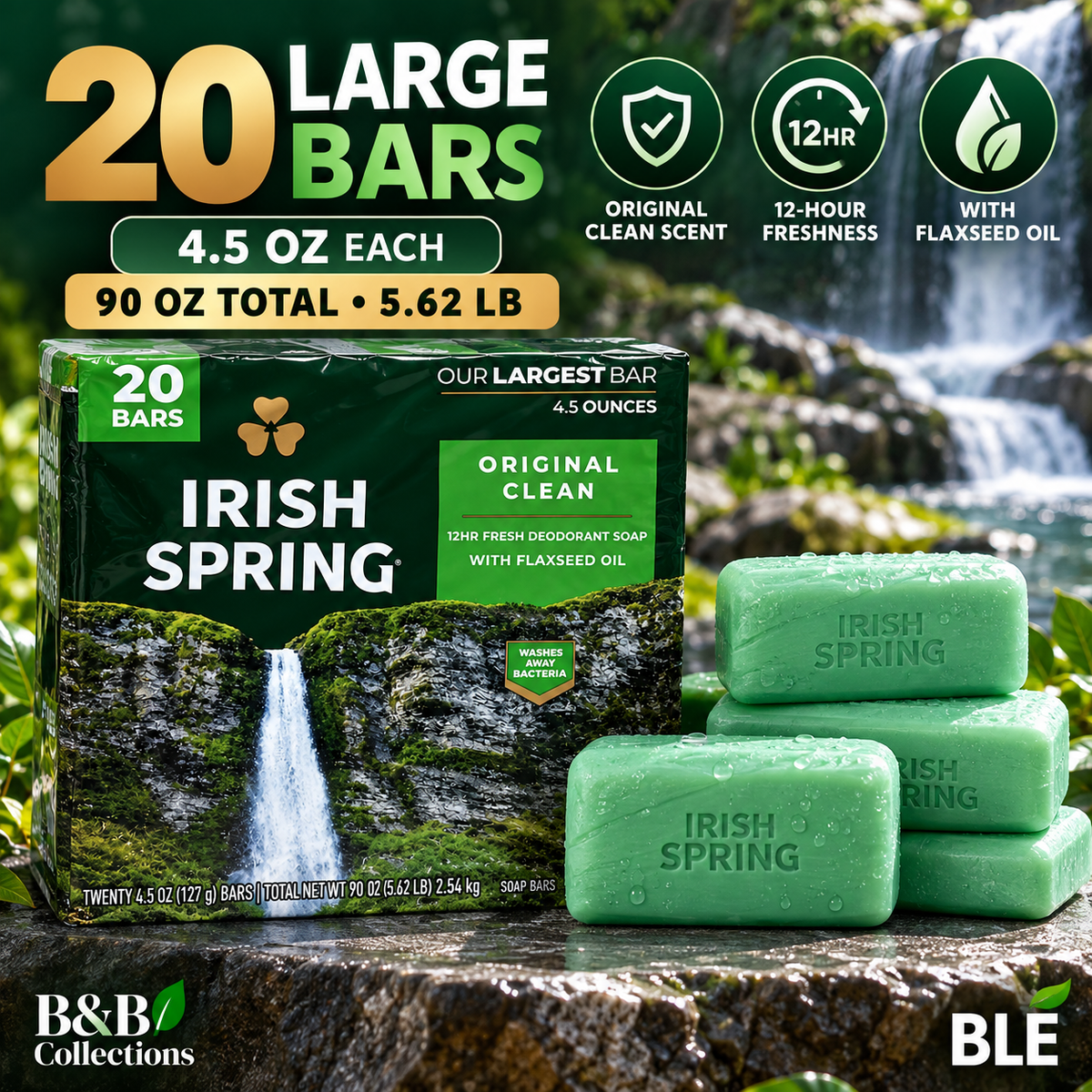 Irish Spring Original Clean Deodorant Bar Soap with Flaxseed Oil, 12-Hour Fresh, 4.5 oz Bars, 20 Count, 90 oz Total