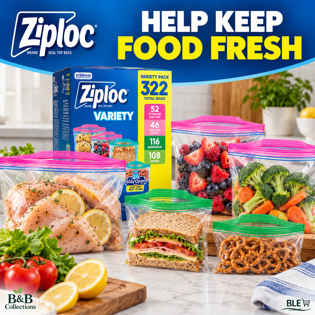 Ziploc Seal Top Food Storage Bags Variety Pack, 322 Count, Gallon, Quart, Sandwich & Snack Bags, Easy Open Tabs