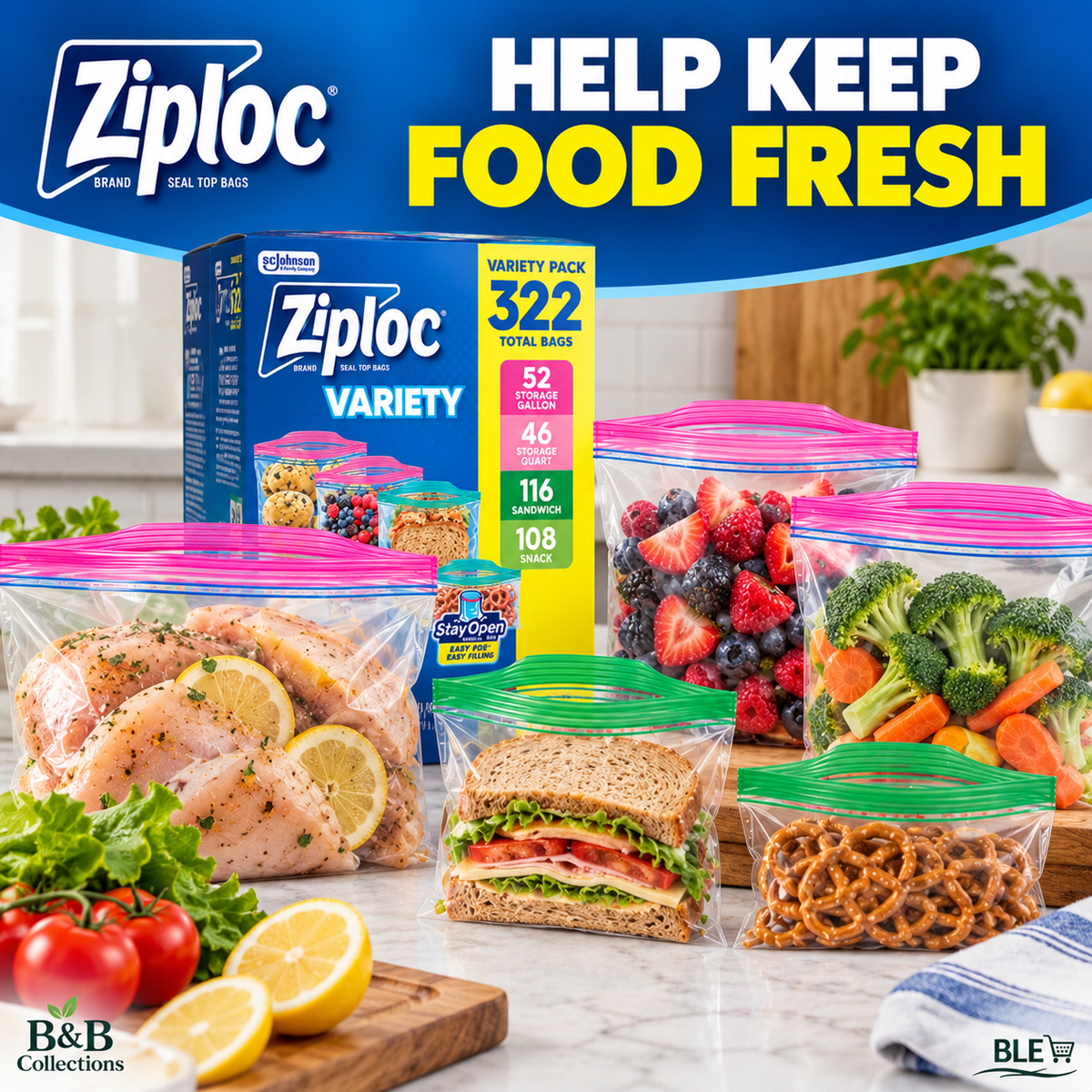 Ziploc Seal Top Food Storage Bags Variety Pack, 322 Count, Gallon, Quart, Sandwich & Snack Bags, Easy Open Tabs