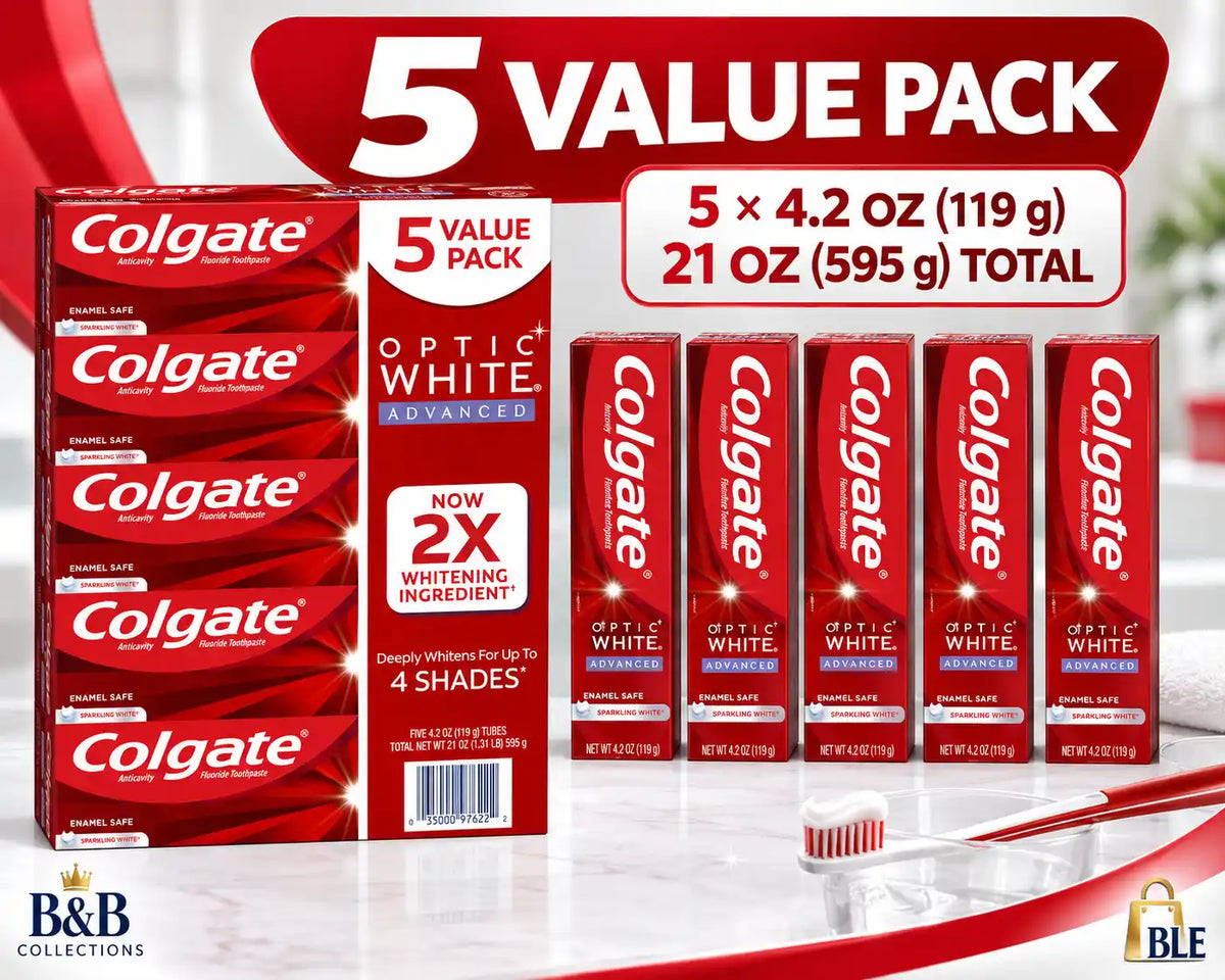 Colgate Optic White Advanced Whitening Fluoride Toothpaste, Sparkling White, 4.2 oz Tubes, 5 Pack, 21 oz Total