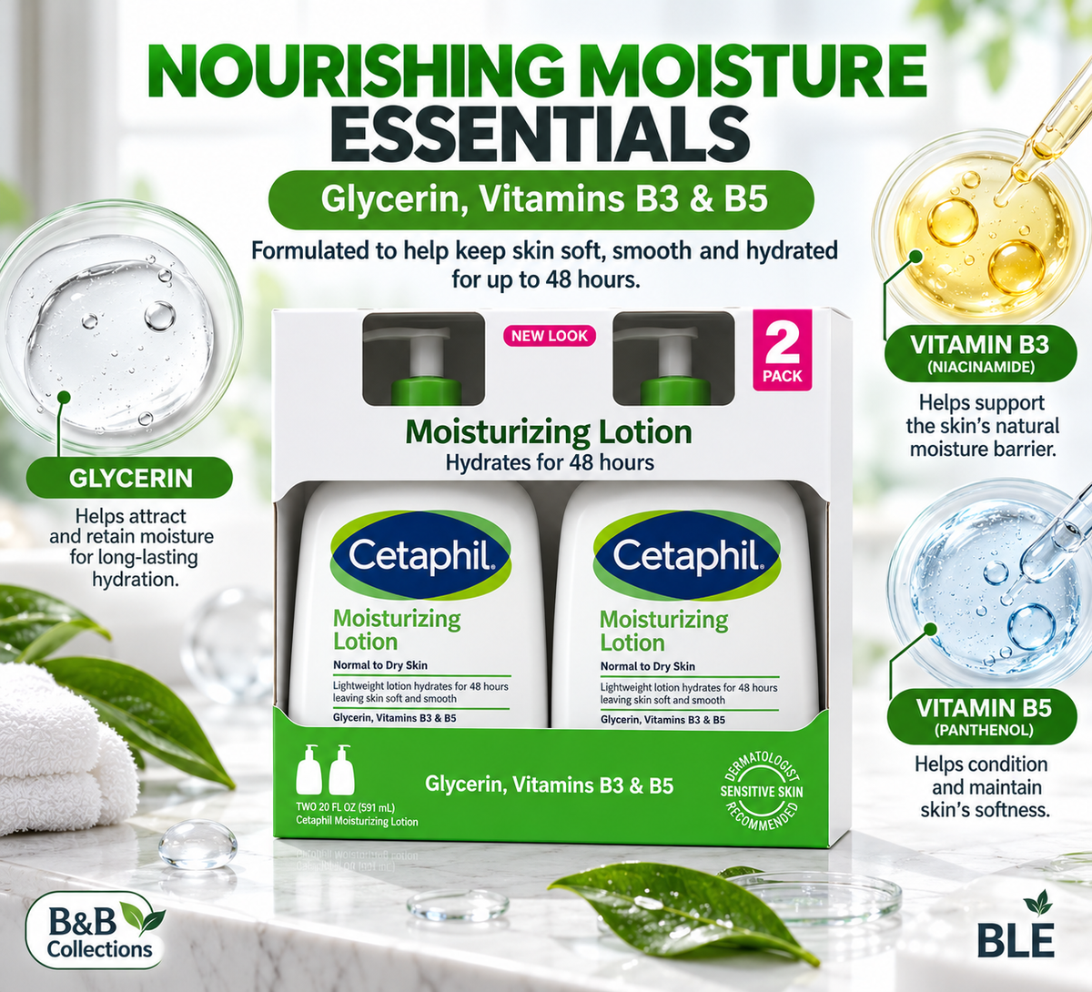 Cetaphil Moisturizing Lotion for Normal to Dry Sensitive Skin, 48-Hour Hydration, Glycerin, Vitamins B3 & B5, 20 fl oz Each, 2-Pack