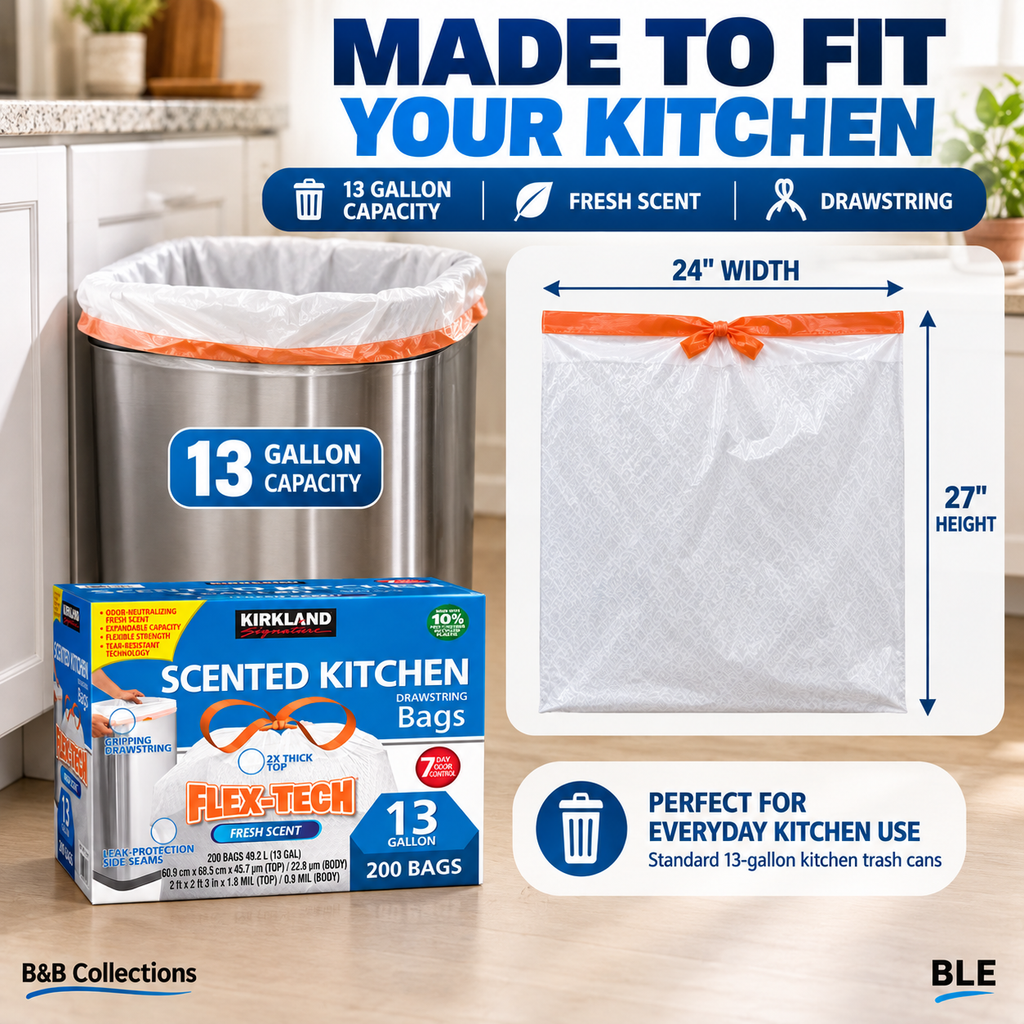 Kirkland Signature Flex-Tech Scented Kitchen Trash Bags, 13 Gallon, Fresh Scent, Drawstring, 200 Count
