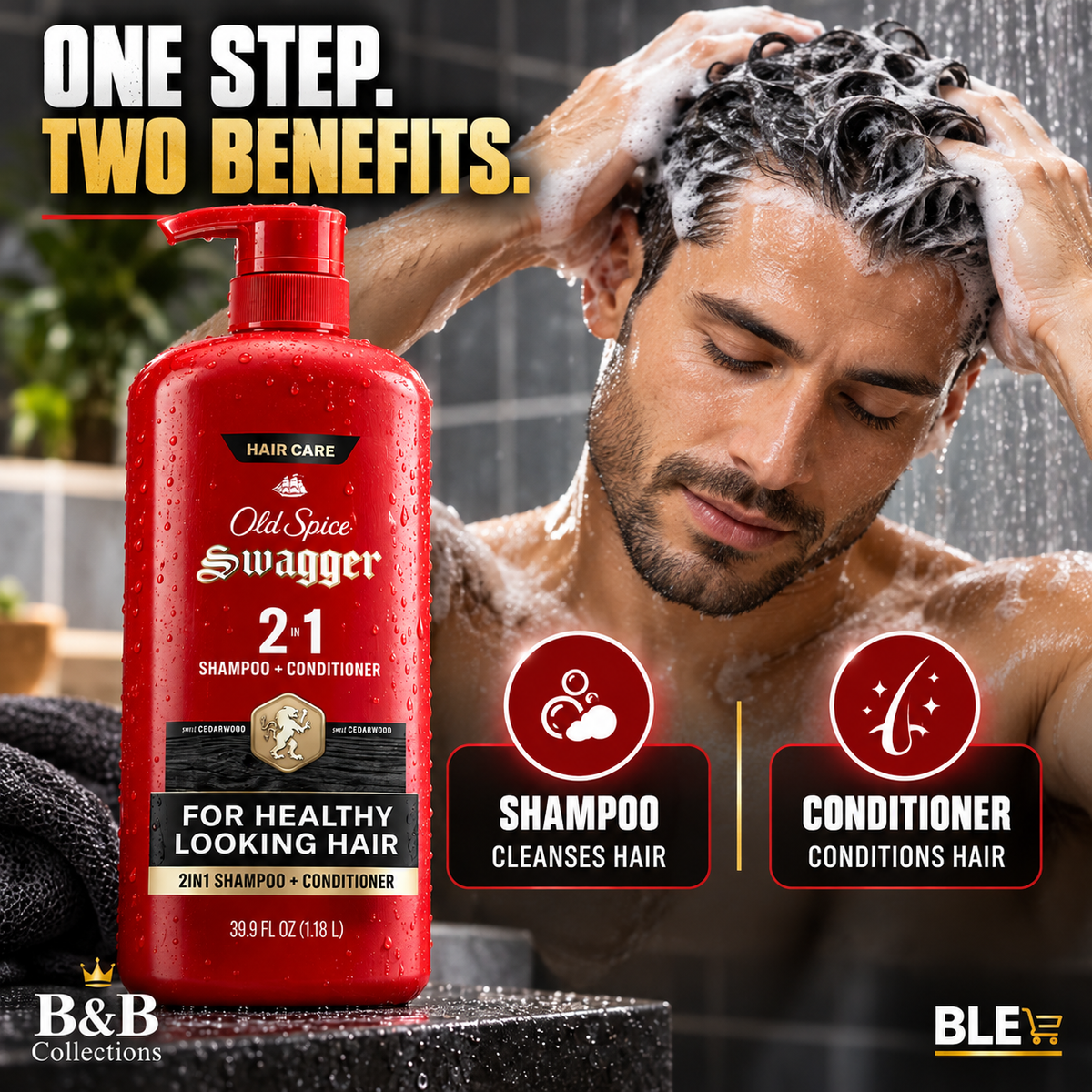Old Spice Swagger 2-in-1 Shampoo and Conditioner for Men, Cedarwood Scent, For Healthy Looking Hair, 39.9 fl oz