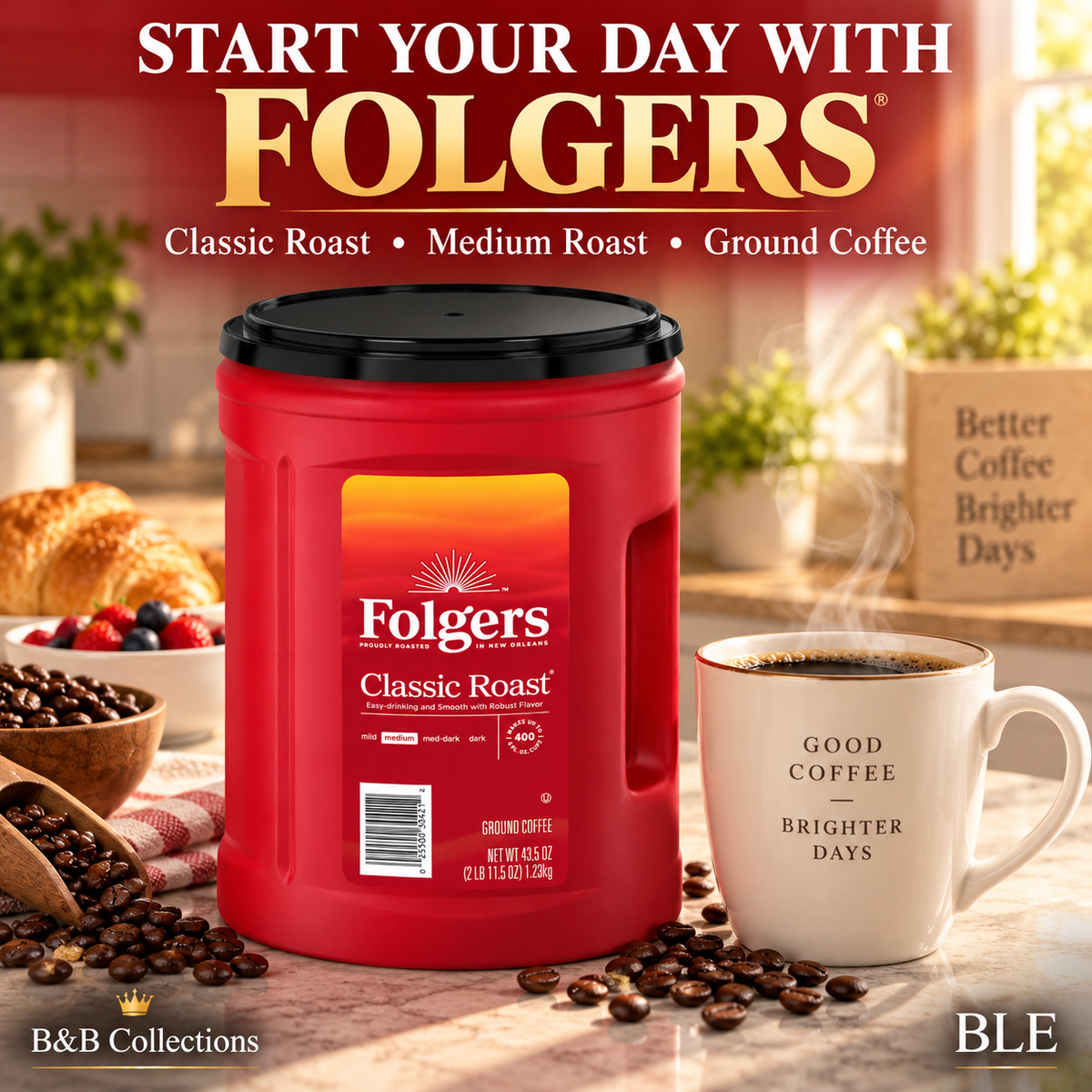 Folgers Classic Roast Ground Coffee, Medium Roast, 43.5 oz Canister