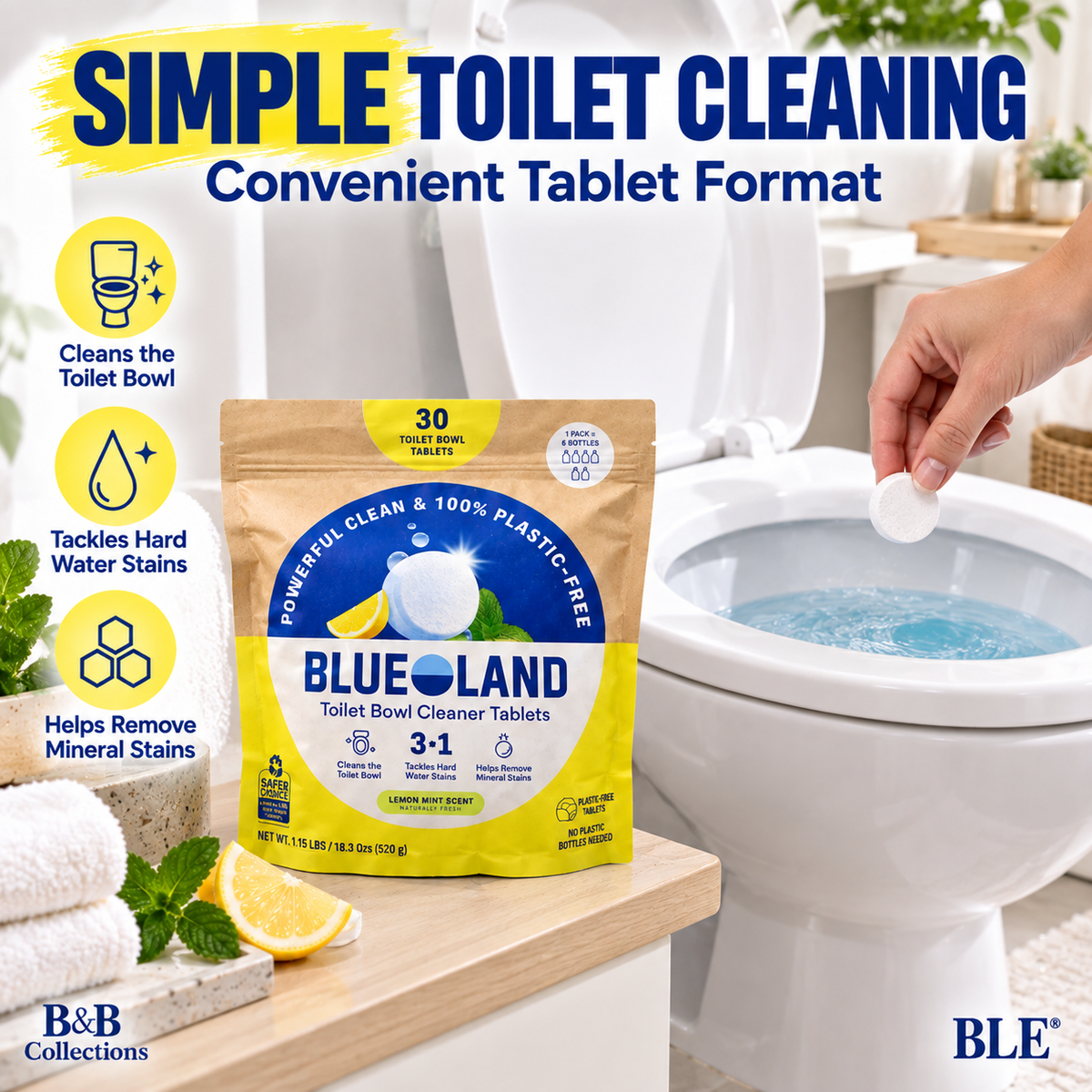 Blueland Toilet Bowl Cleaner Tablets, Lemon Mint Scent, 30 Count, 3-in-1 Plastic-Free Toilet Cleaning Tablets for Hard Water & Mineral Stains