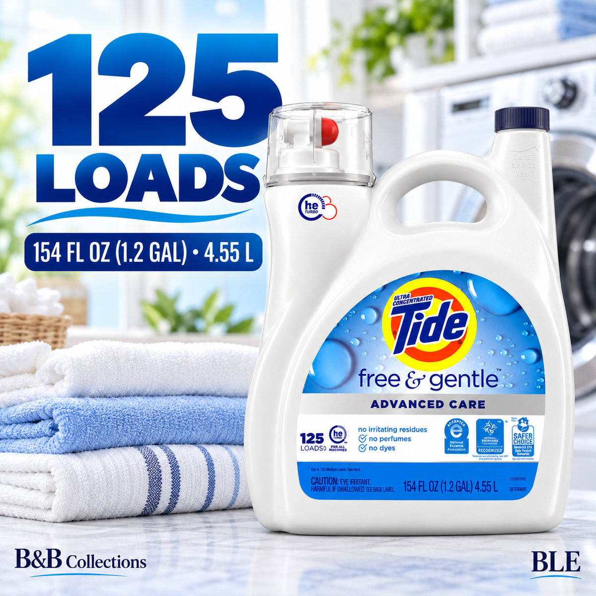 Tide Free & Gentle Advanced Care Liquid Laundry Detergent, HE Compatible, No Perfumes or Dyes, 125 Loads, 154 fl oz