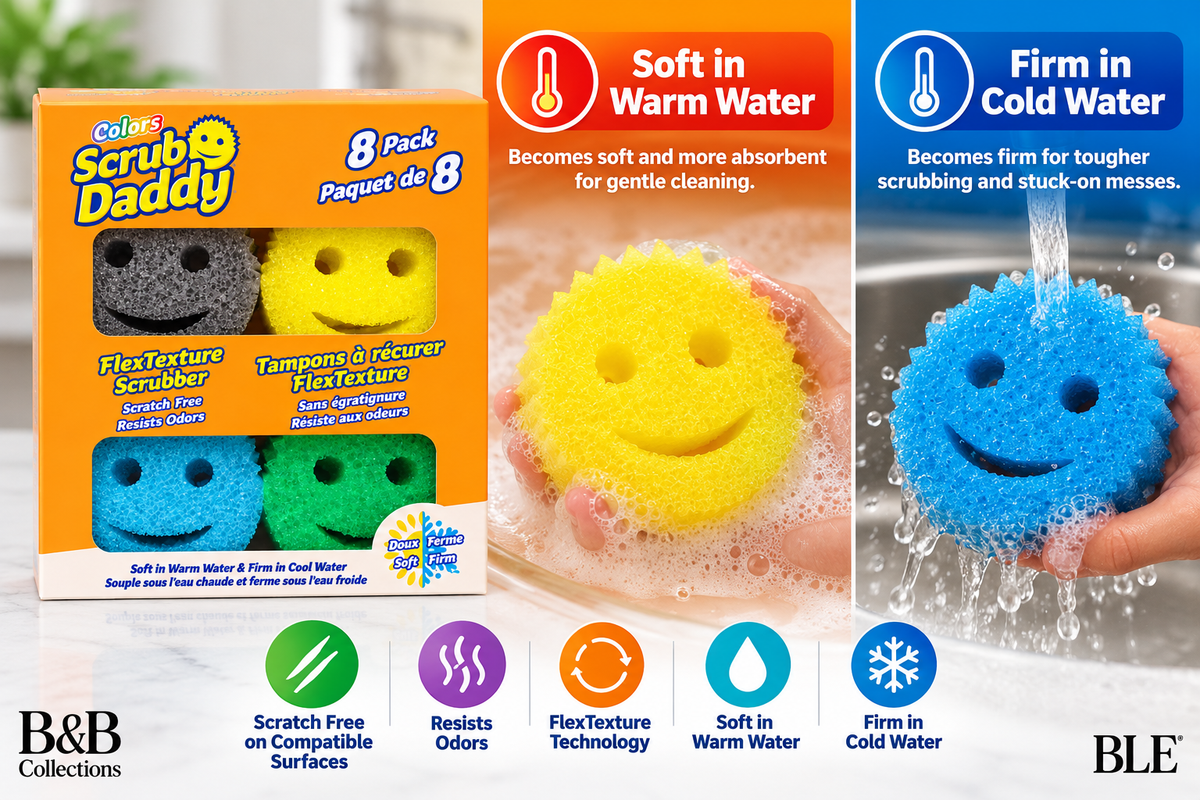 Scrub Daddy Colors Variety Pack, 8 Count, FlexTexture Scratch-Free Scrub Sponges, Odor-Resistant, Firm in Cold Water & Soft in Warm Water, Multicolor