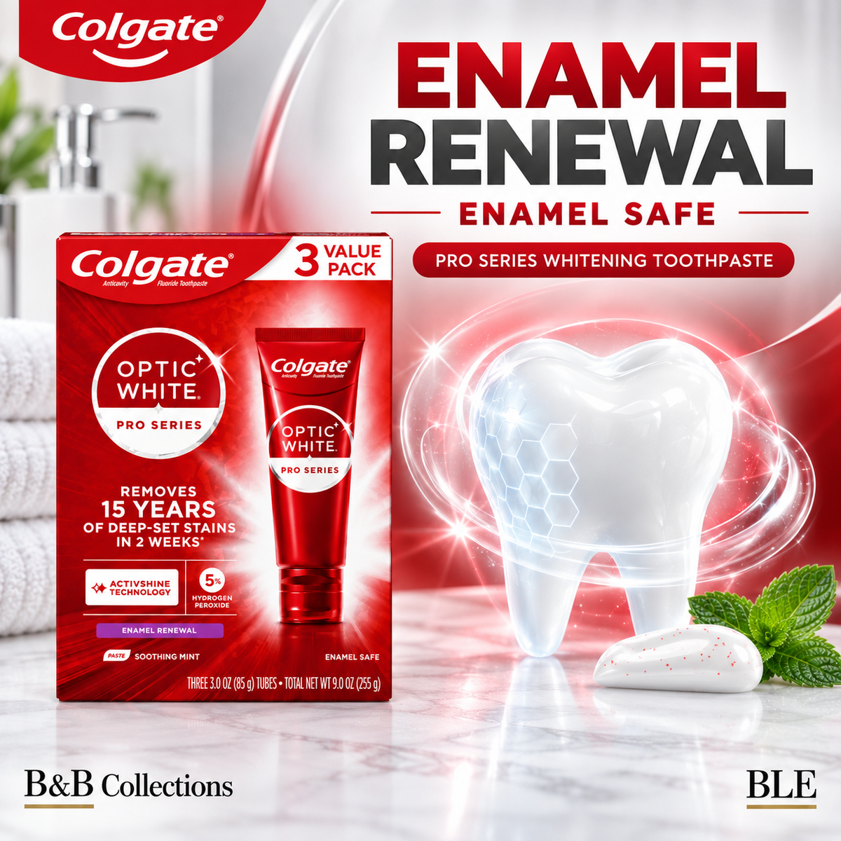 Colgate Optic White Pro Series Whitening Toothpaste, Enamel Renewal, Soothing Mint, 5% Hydrogen Peroxide, 3 oz, 3 Pack