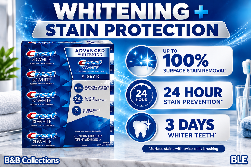 Crest 3D White Advanced Whitening Fluoride Anticavity Toothpaste, 5.2 oz Tubes, 5 Pack, 26 oz Total
