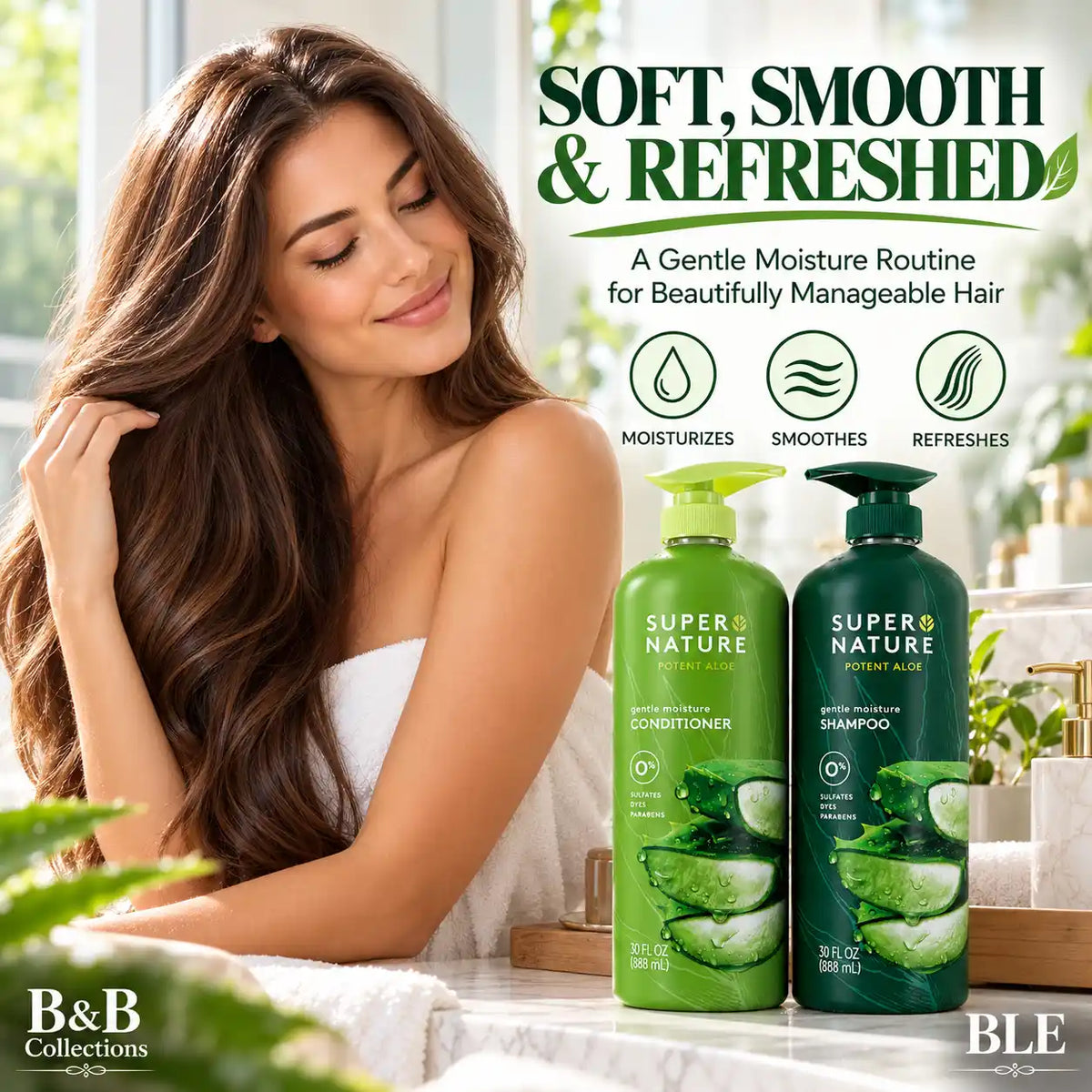 Super Nature Potent Aloe Gentle Moisture Shampoo and Conditioner Sulfates Free, 30 Fl Oz