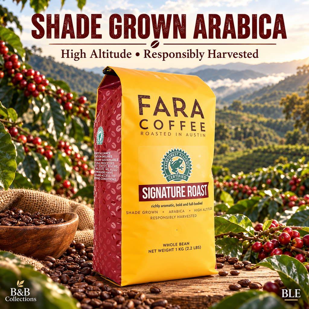 Fara Coffee Signature Roast Whole Bean Coffee, Rainforest Alliance Certified, Shade Grown Arabica, 2.2 lb (1 kg) Bag