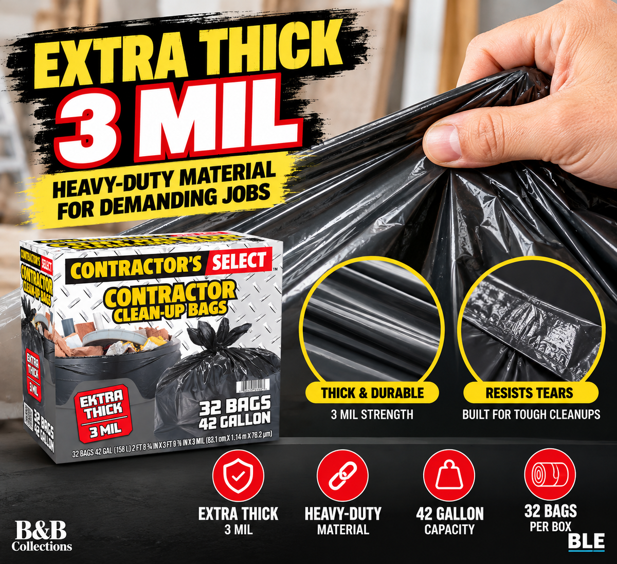 Contractor's Select Extra Thick Contractor Clean-Up Bags, 42 Gallon, 3 Mil Heavy-Duty Black Trash Bags, 32 Count