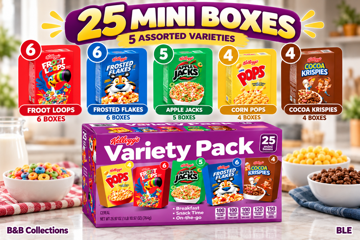Kellogg’s Cereal Variety Pack, 25 Mini Boxes, 5 Assorted Flavors, 26.97 oz