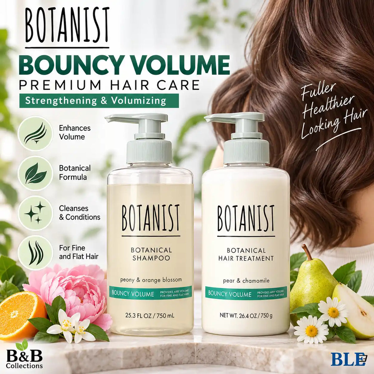 BOTANIST Bouncy Volume Premium Hair Care Set, Botanical Shampoo Peony & Orange Blossom and Hair Treatment Pear & Chamomile, 750 mL Each, 2-Piece Set, Made in Japan