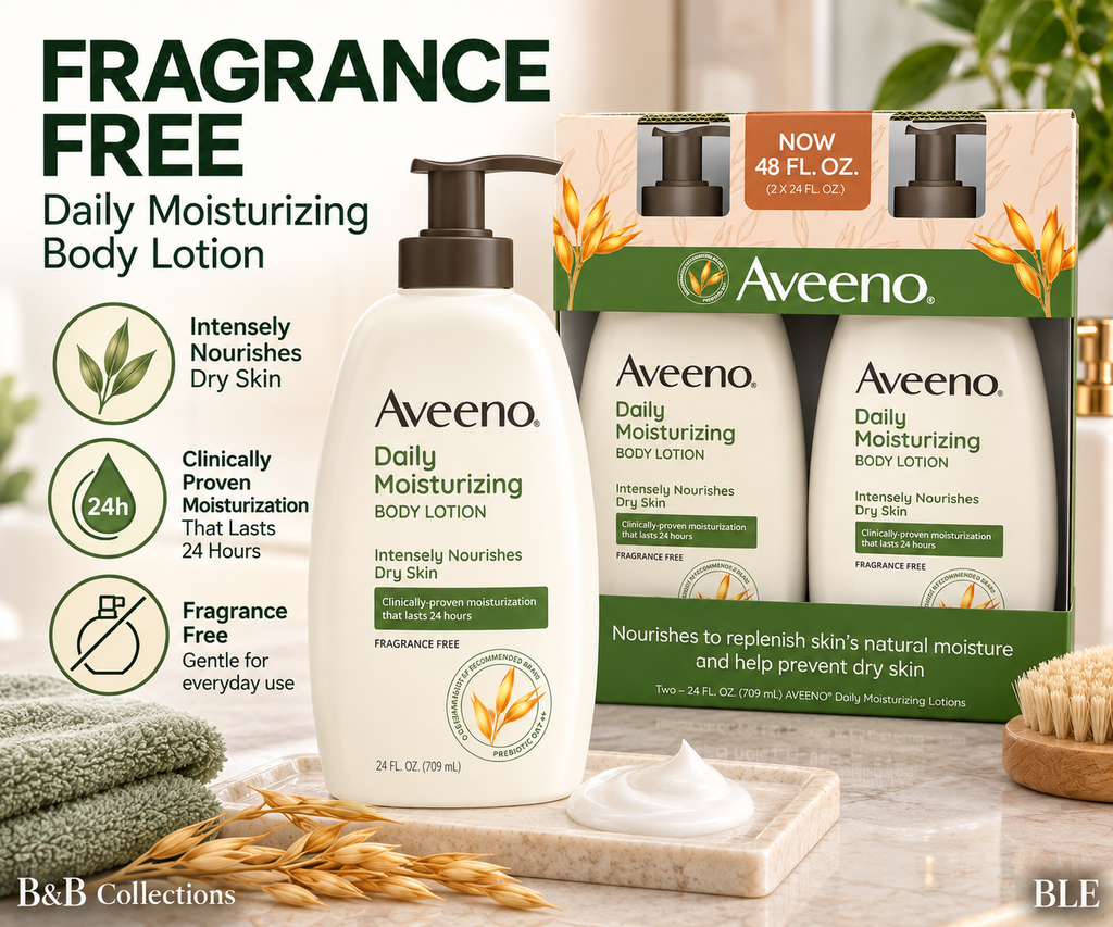 Aveeno Daily Moisturizing Body Lotion, Fragrance Free, 24 fl oz Each, 2 Pack, 48 fl oz Total