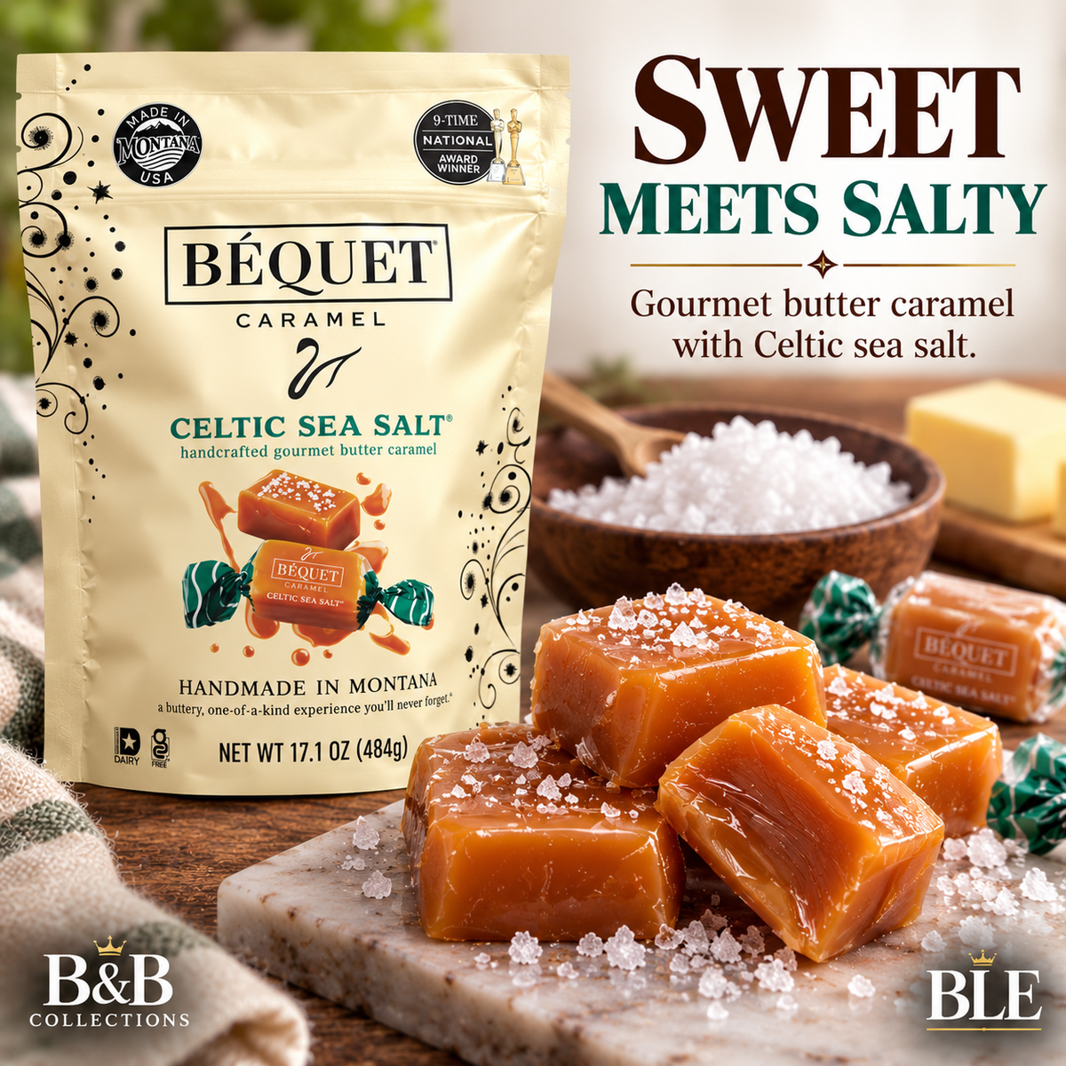 Béquet Caramel Celtic Sea Salt Gourmet Butter Caramels, Handcrafted Soft Caramel Candy, Made in Montana, 17.1 oz (484g)