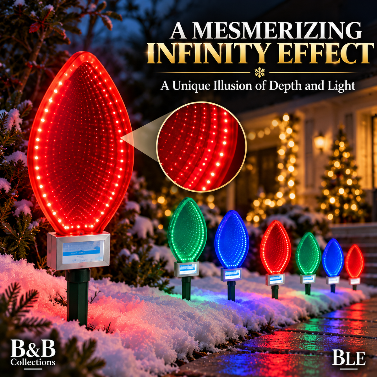 Infinity Mirror Pathway Lights, 6-Piece Set, 468 Steady-On LEDs, 15 FT, Red Green Blue Christmas Decorations, Hanging or Ground Stake, Indoor/Outdoor