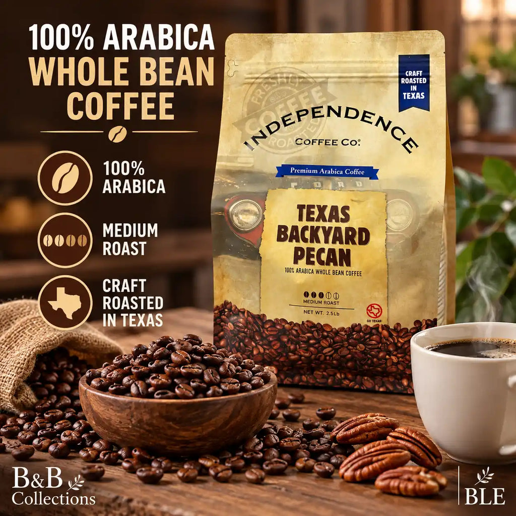 Independence Coffee Co. Texas Backyard Pecan Medium Roast Whole Bean Coffee, 100% Arabica, Craft Roasted in Texas, 2.5 lb (40 oz)