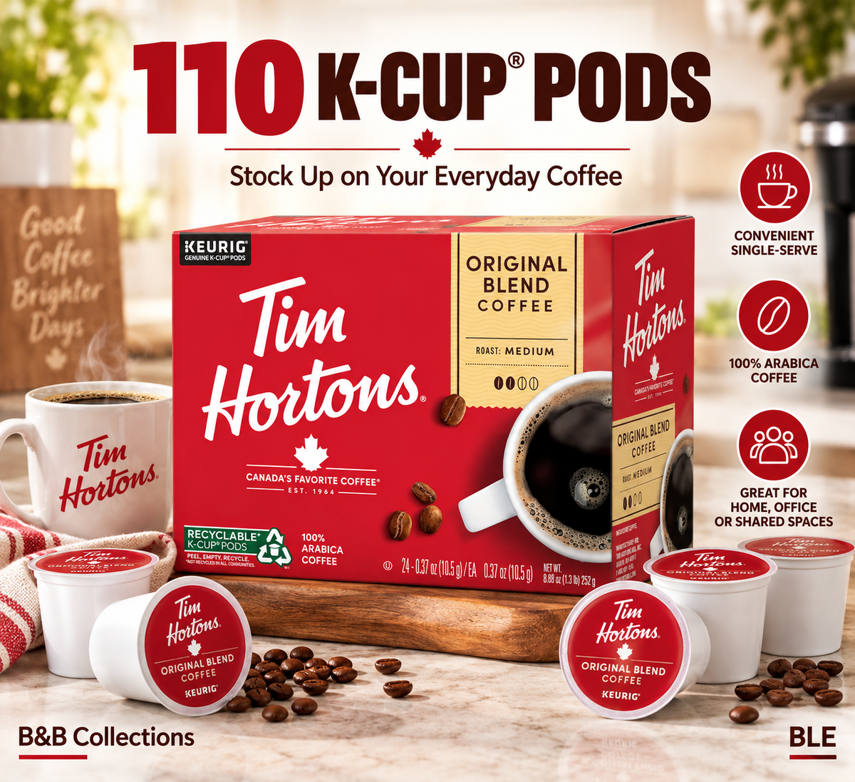 Tim Hortons Original Blend Medium Roast Coffee K-Cup Pods, 100% Arabica Coffee, 110 Count