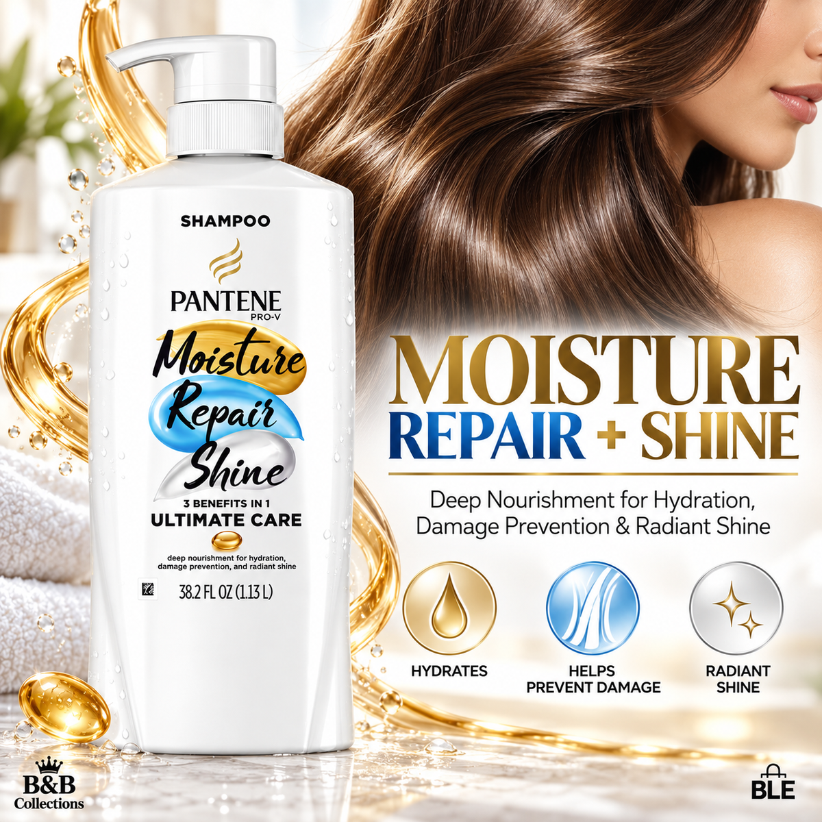 Pantene Pro-V Moisture Repair + Shine Ultimate Care Shampoo, 38.2 fl oz