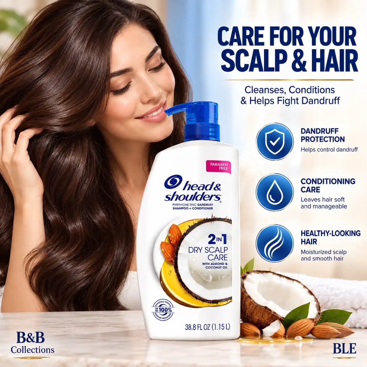 Head & Shoulders 2-in-1 Dry Scalp Care Anti-Dandruff Shampoo & Conditioner with Almond & Coconut Oil, Paraben Free, 38.8 fl oz (1.15 L), Pump Bottle