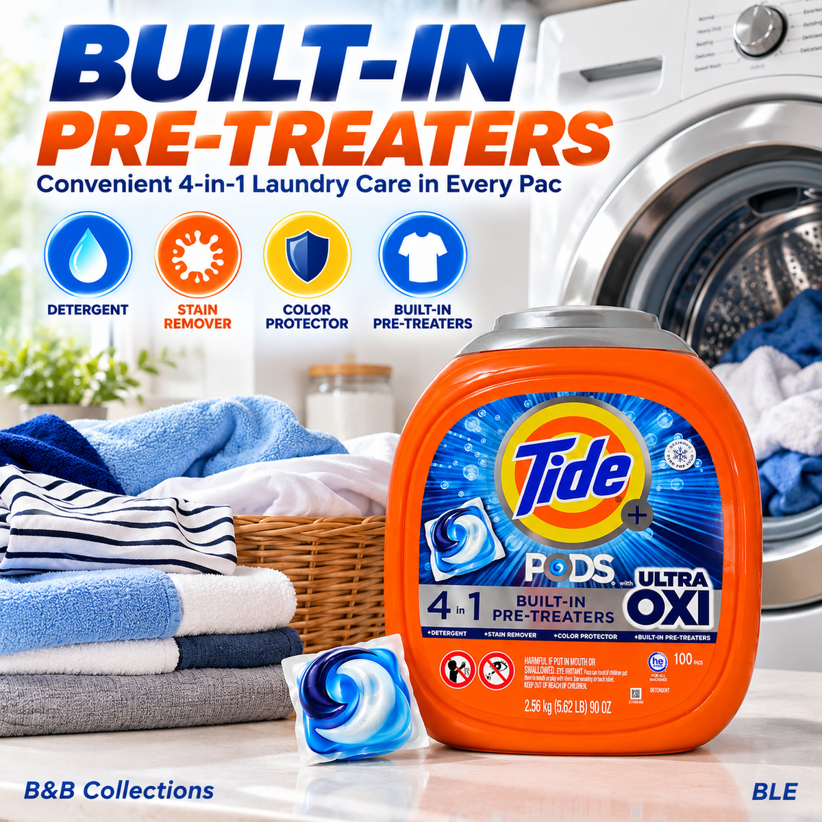 Tide PODS + Ultra OXI Laundry Detergent Pacs, 4-in-1 with Built-In Pre-Treaters, HE Compatible, 100 Count, 90 oz