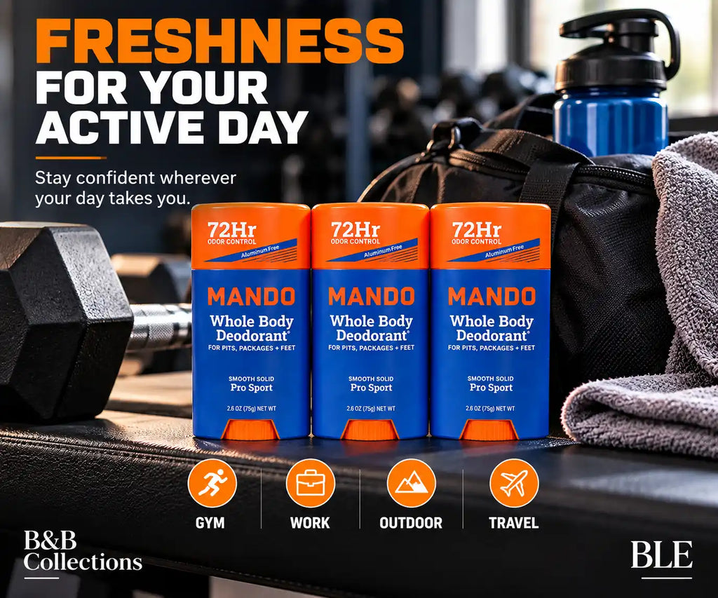 Mando Whole Body Deodorant for Men, Pro Sport Scent, 72-Hour Odor Control, Aluminum-Free Smooth Solid, 2.6 oz Each, 3 Pack, 7.8 oz Total