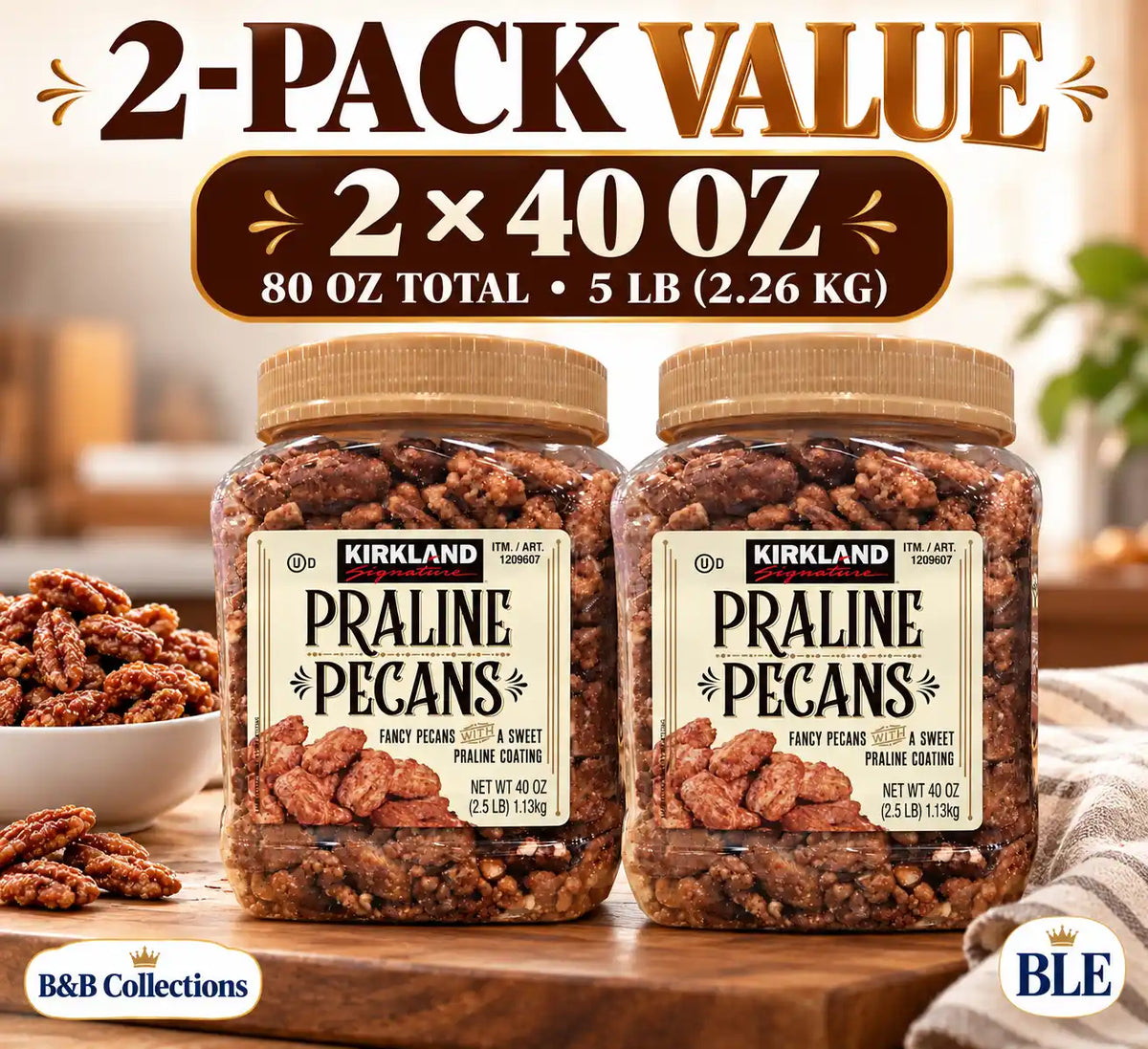 Kirkland Signature Praline Pecans, Fancy Pecans with Sweet Praline Coating, 40 oz Each, 2 Pack, 80 oz Total