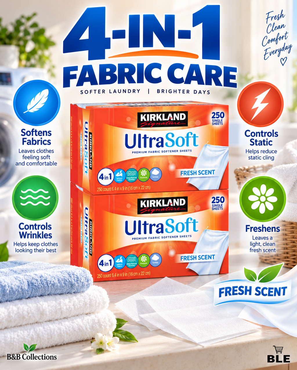 Kirkland Signature UltraSoft Premium Fabric Softener Sheets, Fresh Scent, 500 Count, 2 Packs of 250 Sheets
