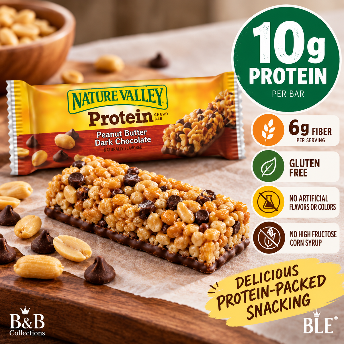 Nature Valley Protein Chewy Granola Bars, Peanut Butter Dark Chocolate, 10g Protein, Gluten Free, 6g Fiber, 30 Individually Wrapped Bars, 42.6 oz