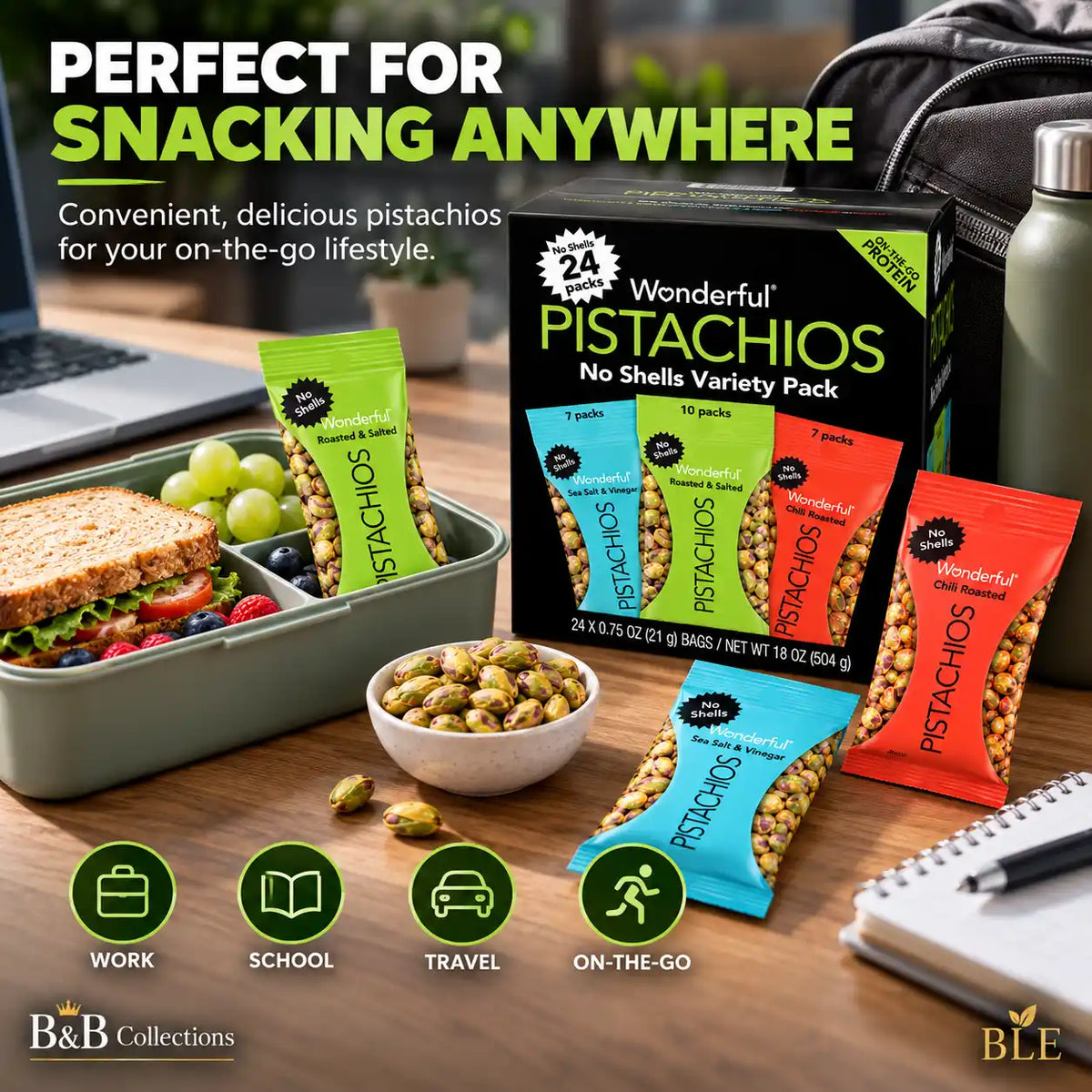 Wonderful Pistachios No Shells Variety Pack, 24 Individual Snack Bags, Roasted & Salted, Sea Salt & Vinegar, Chili Roasted, 0.75 oz Each, 18 oz Total