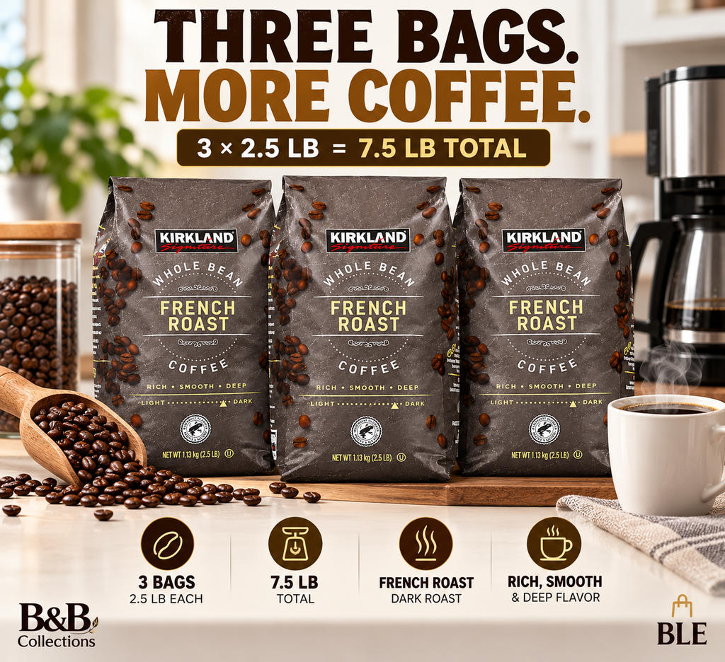 Kirkland Signature French Roast Whole Bean Coffee, Dark Roast, Rich & Smoky Flavor, 2.5 lb Bags, 3-Pack (7.5 lbs Total)