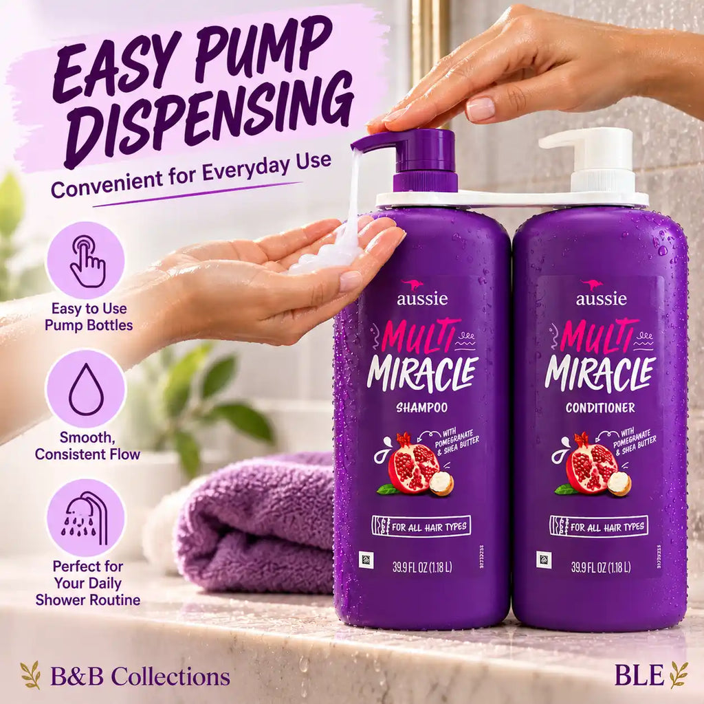 Aussie Multi Miracle Shampoo & Conditioner Set, 39.9 fl oz Each, with Pomegranate & Shea Butter, for All Hair Types (2-Pack)