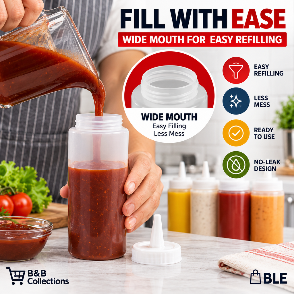 Winco Professional Easy-Fill Wide Mouth Squeeze Bottles, 16 fl oz Each, BPA-Free, No-Leak Design, Open Tip Condiment Dispensers, 6 Pack