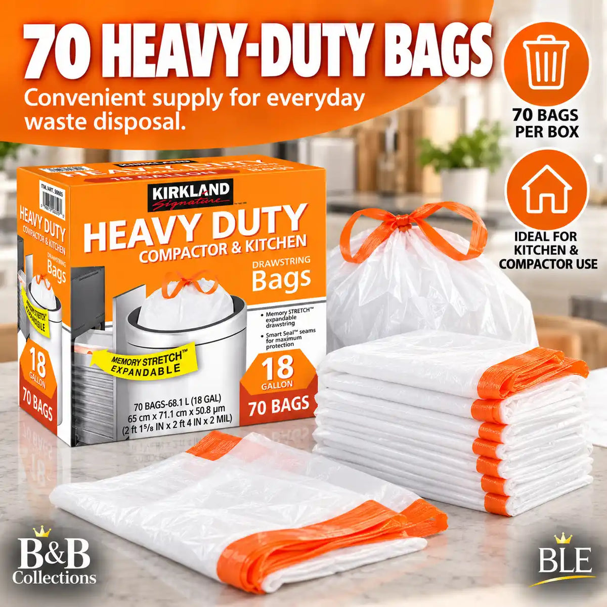 Kirkland Signature Heavy Duty Compactor & Kitchen Trash Bags, 18 Gallon, 70 Count, Drawstring, Memory Stretch Expandable, White