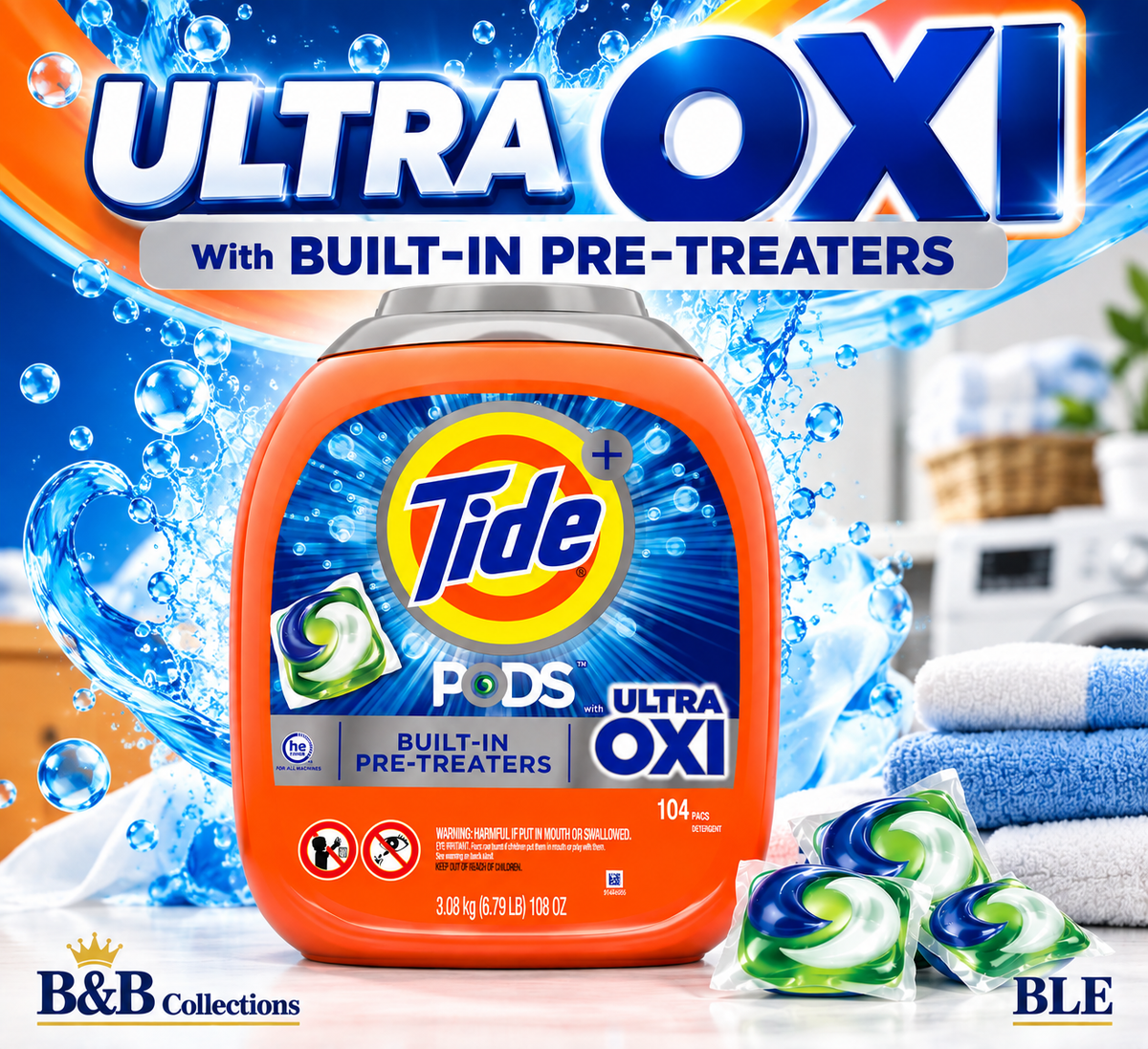 Tide PODS + Ultra OXI Laundry Detergent Pacs, Built-In Pre-Treaters, HE Compatible, 104 Count, 108 oz