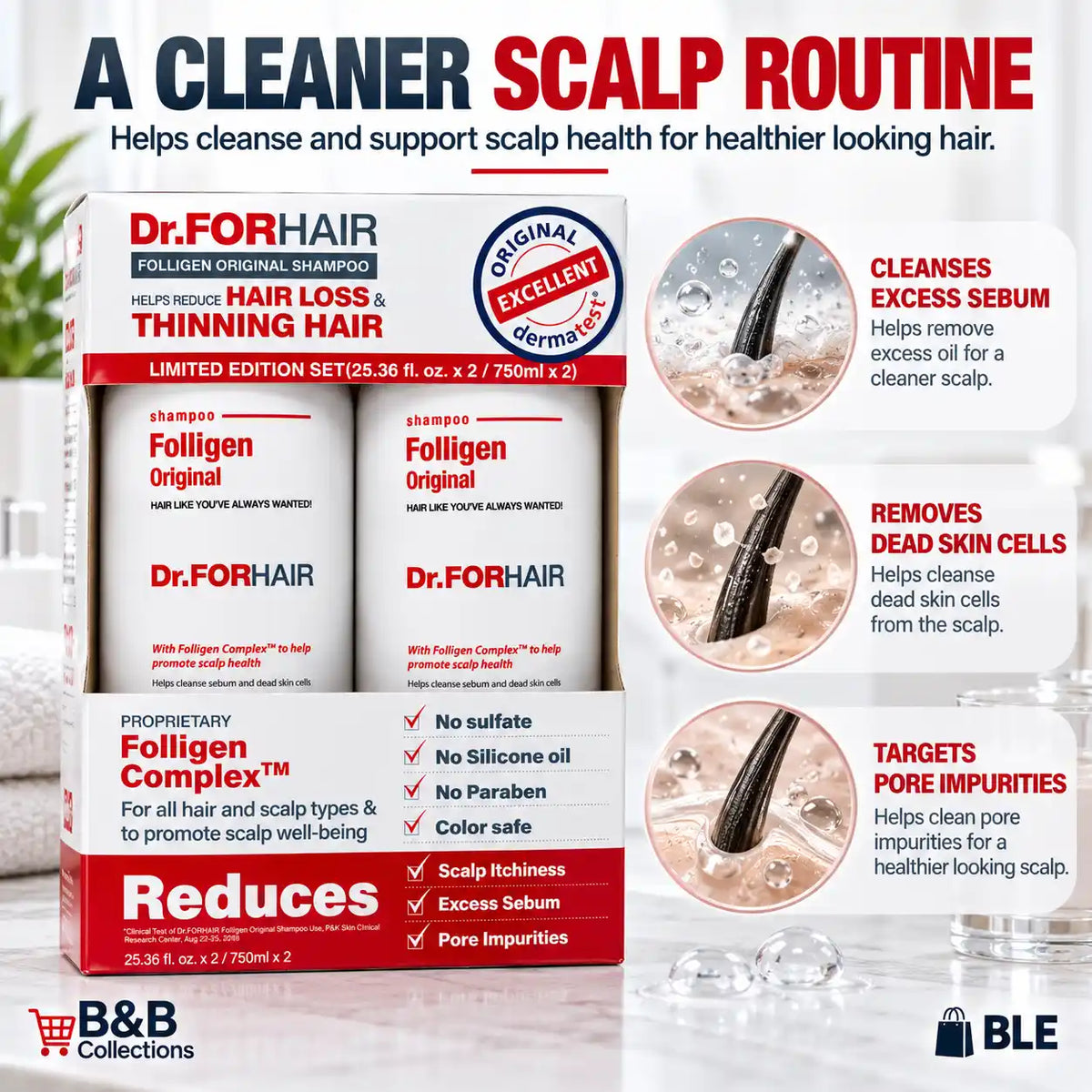 Dr.FORHAIR Folligen Original Shampoo Limited Edition Set, Scalp Care Shampoo, Sulfate, Silicone Oil & Paraben Free, Color Safe, 25.36 fl oz Each, 2 Pack, 50.72 fl oz Total
