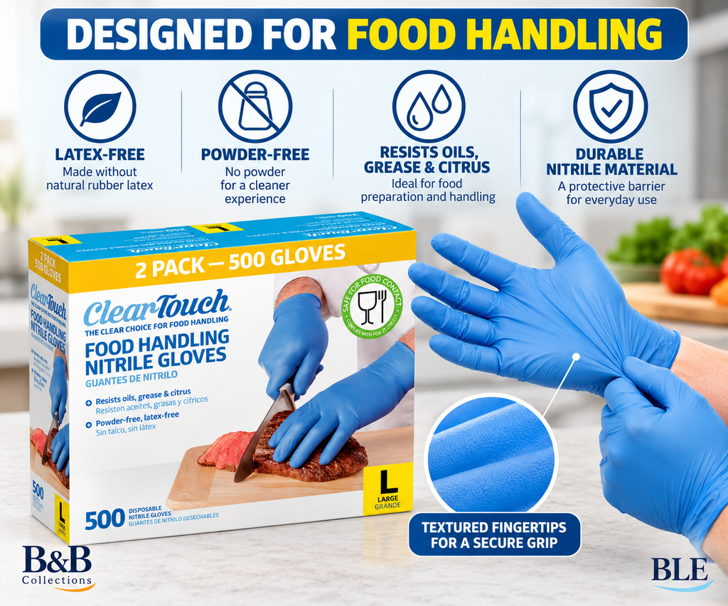 Medline Clear-Touch Food Handling Nitrile Gloves, Latex-Free & Powder-Free, Blue Disposable Gloves, Large, 2-Pack, 500 Count (250 per Box)