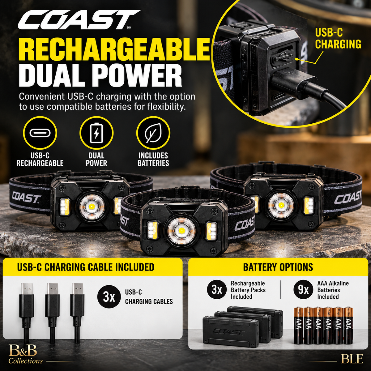 COAST CH1200R Rechargeable Dual Power LED Headlamp 3-Pack, 1200 Lumens, USB-C Rechargeable, Tri-Color Lighting, Adjustable Focus Beam