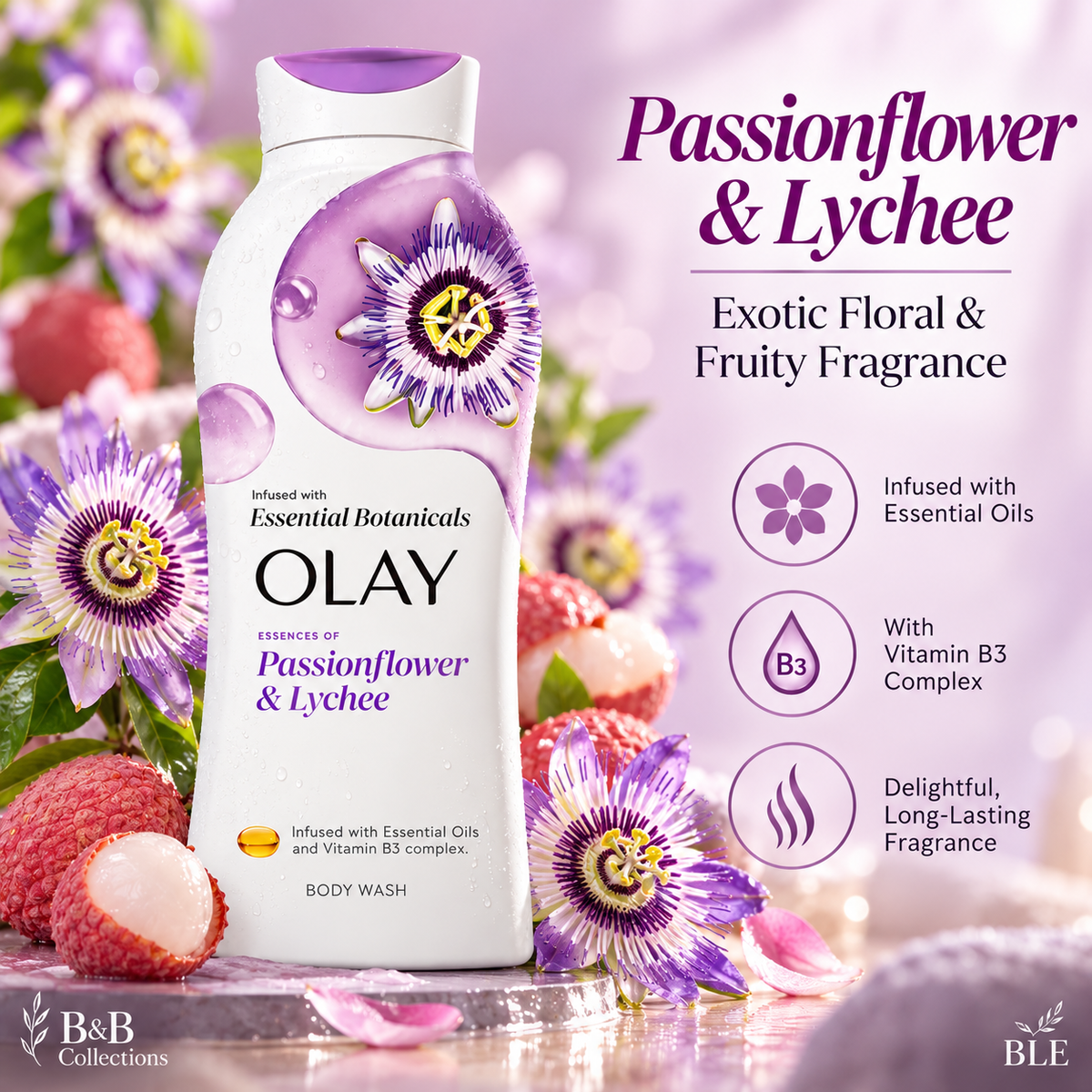 Olay Essential Botanicals Body Wash Variety Pack, Vanilla Cream & Honey, Passionflower & Lychee, White Tea & Bergamot, Essential Oil Infused, 23.6 fl oz Each, 3-Pack