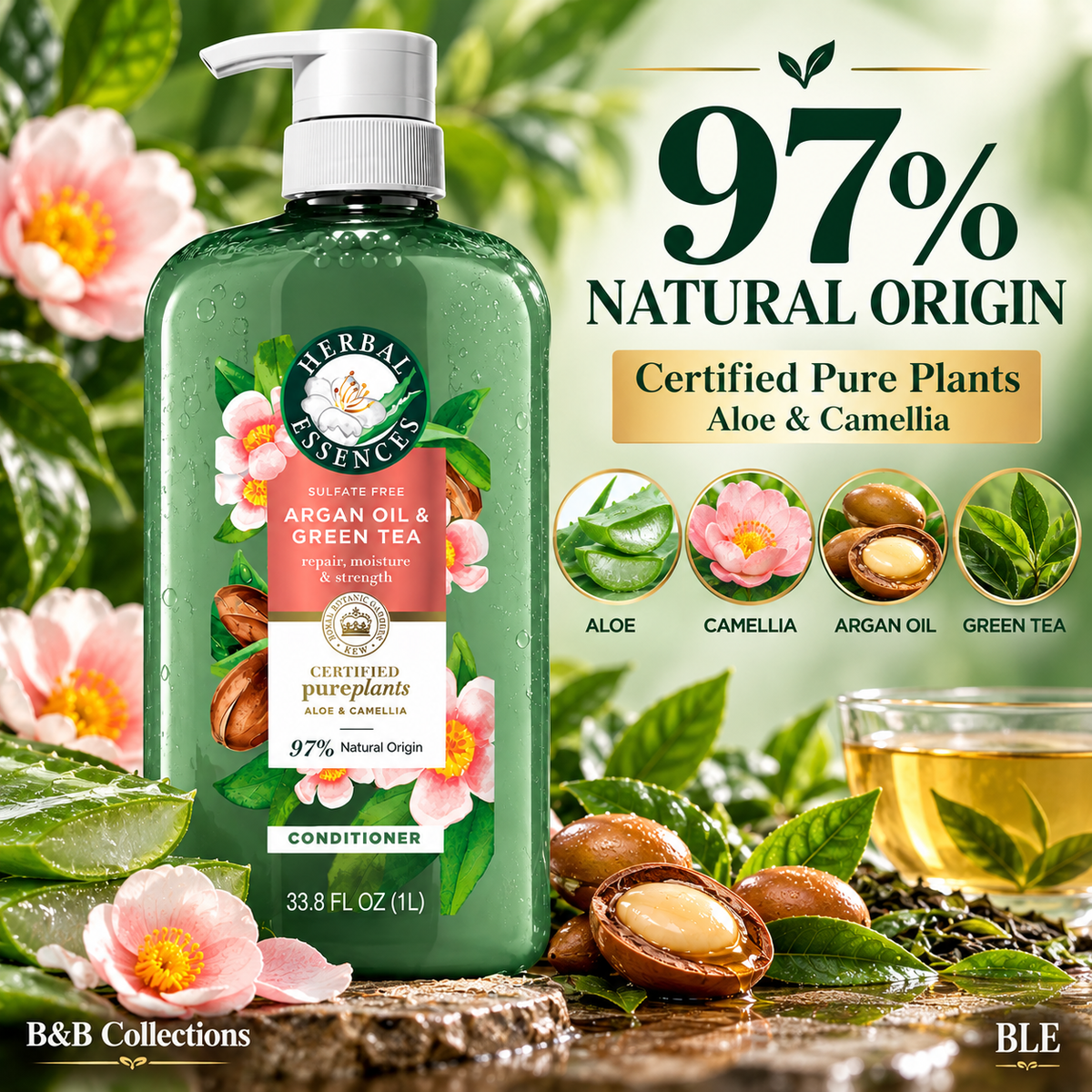 Herbal Essences Argan Oil & Green Tea Conditioner, Sulfate Free, Repair, Moisture & Strength, 97% Natural Origin, 33.8 fl oz (1 L)