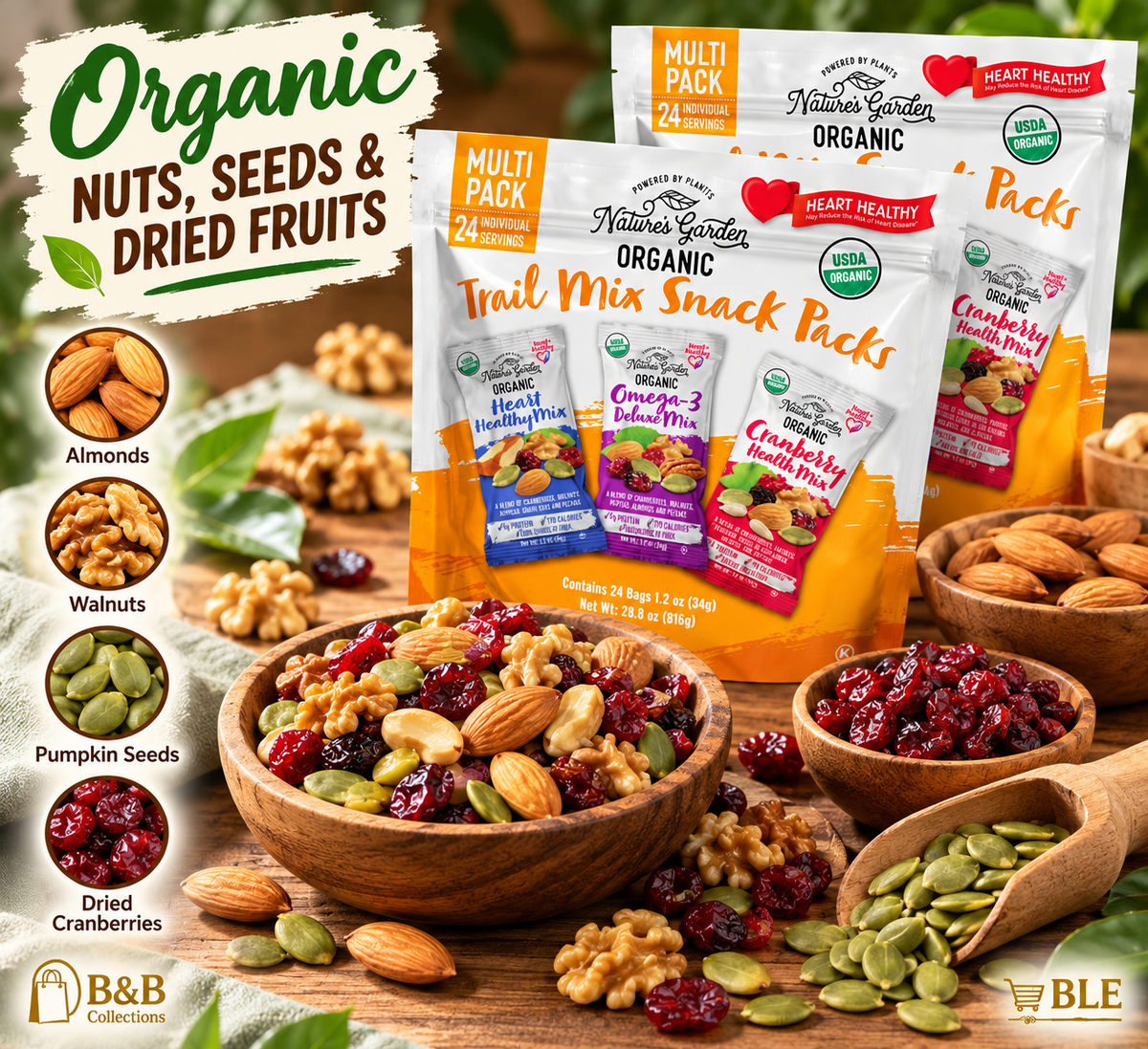 Nature's Garden Organic Trail Mix Snack Packs, 48 Individual Bags, 2-Pack, Heart Healthy Nut & Fruit Mix Variety, 1.2 oz Each