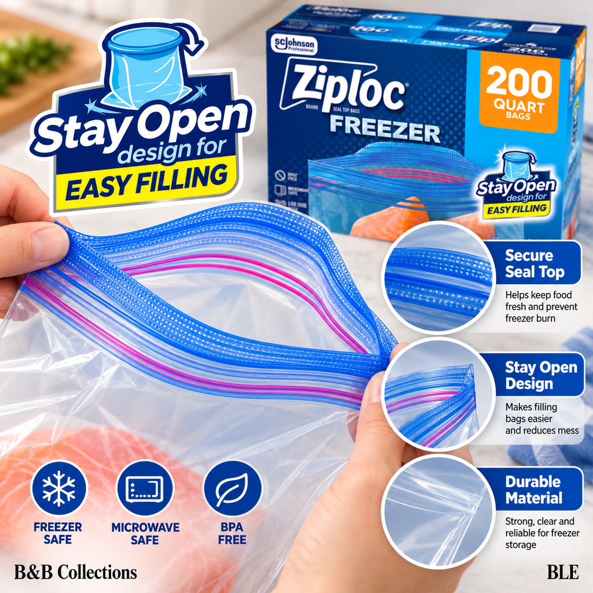 Ziploc Seal Top Quart Freezer Bags, 200 Count, Stay Open Design, Easy Filling, Food Storage & Freezer Protection
