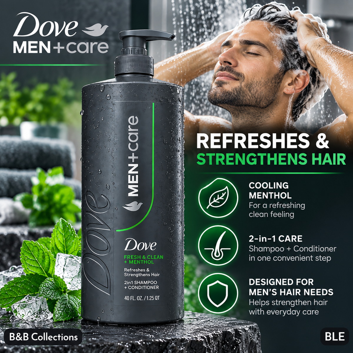 Dove Men+Care Fresh & Clean + Menthol 2-in-1 Shampoo + Conditioner, Refreshes & Strengthens Hair, 40 fl oz