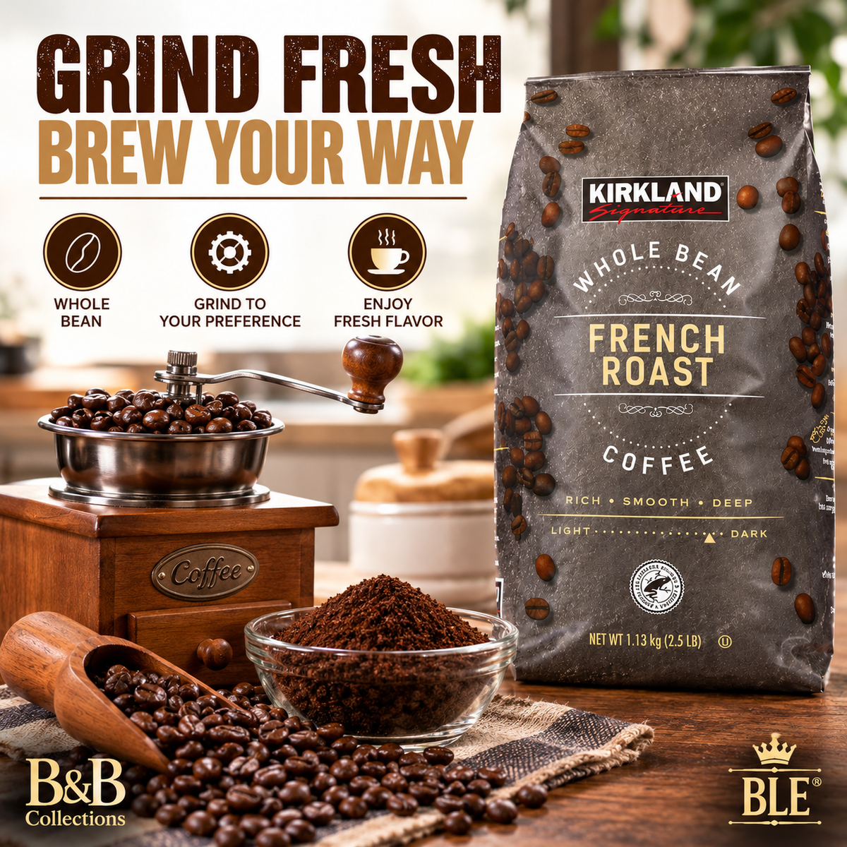 Kirkland Signature French Roast Whole Bean Coffee, Dark Roast, Rich & Smooth, 2.5 lb (40 oz)