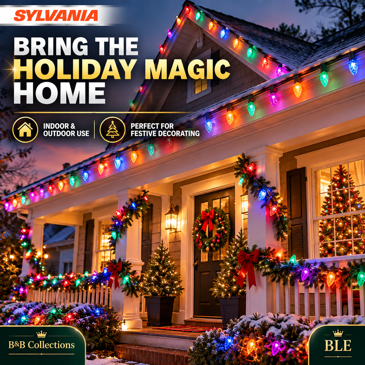 Sylvania Stay-Lit C9 Faceted LED Christmas Lights, Multicolor, 100 Bulbs, 2 Sets of 50, Indoor/Outdoor Holiday String Lights